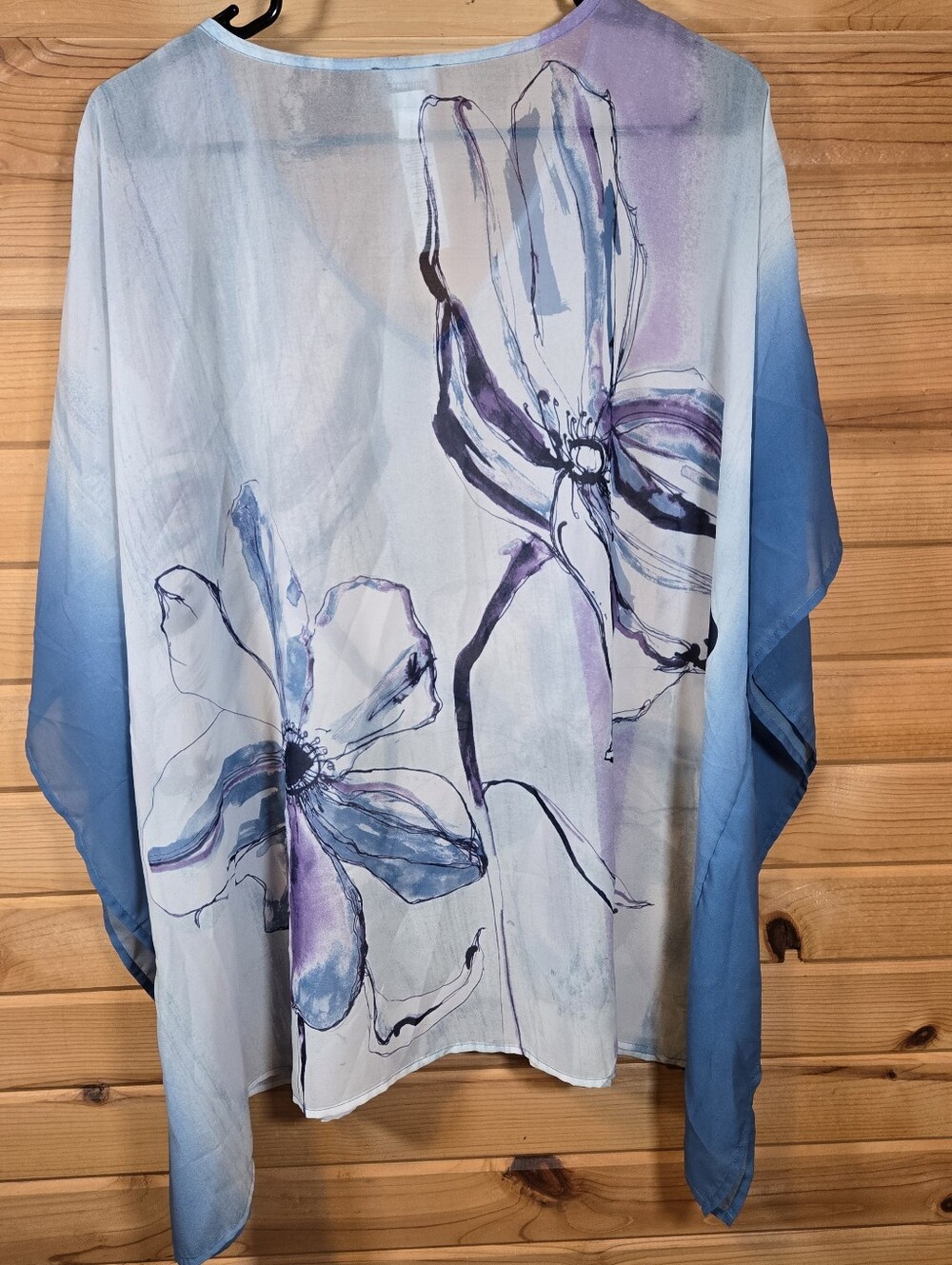 Chico's Women's Floral Kaftan Tunic Top L/XL Blue Watercolor Sheer Boho Artsy - Picture 6 of 6
